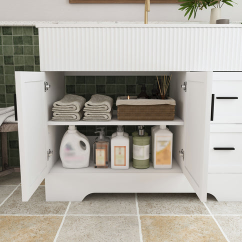 Bathroom Vanity Set, Fluted Cabinet, Soft Close Doors, 3 Faucet Holes, Sink Included - White