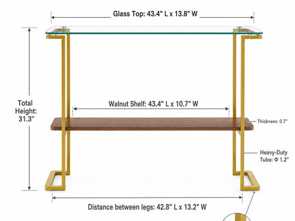 Console Table With Shelf, 2 Tier Living Room - Gold / Walnut
