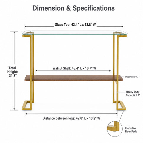 Console Table With Shelf, 2 Tier Living Room - Gold / Walnut