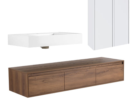 Wall Mounted Bathroom Vanity With Resin Sink And 2 Side Cabinet, 3 Soft Close Drawer - Brown Ebony