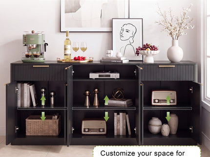 Large Fluted Buffet Sideboard, Wine Bar Storage Cabinet With 6 Doors & 2 Drawers