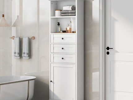 Tall Storage Cabinet With 3 Drawers And Adjustable Shelves For Bathroom