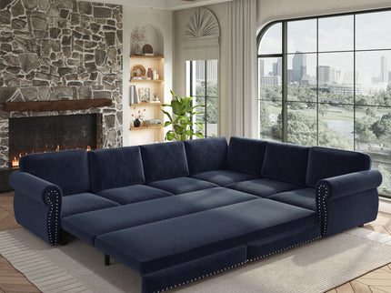 L-Shaped Sofa Couch With Pull Out Bed With Nailhead Trim & Rolled Arm