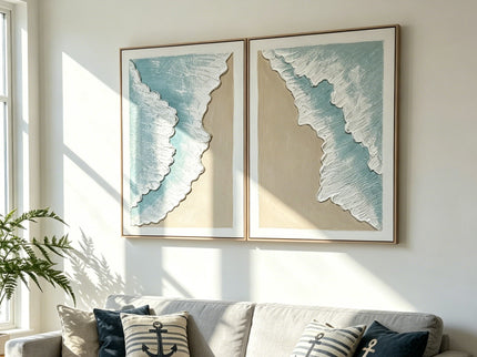 Framed Ocean Wave Wall Art, Textured Canvas Painting, Beach Decor For Living Room (Set of 2) - Aqua Blue