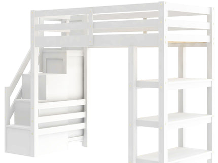 Loft Bed With 4 Layer Shelves, Storage Staircase, Small Wardrobe And LED Light