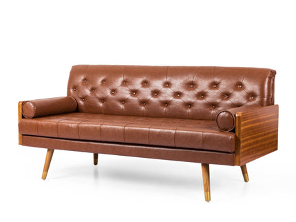 Adelaide - Mid Century Modern Tufted Sofa With Rolled Accent Pillows - Light Brown