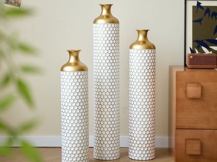3 Piece Set Gorgeous Home Decoration Large Glazed Floor Vase Decoration Home Droplet Shaped - Gold / White