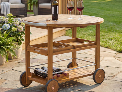 Outdoor Bar Cart With Foldable Tabletop & Removable Trays - Teak