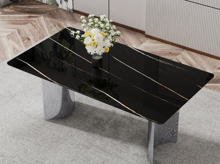 Modern Minimalist Dining Table With Imitation Marble Glass Desktop And Metal Legs