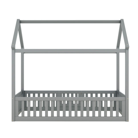 Wood House Bed With Fence And Door