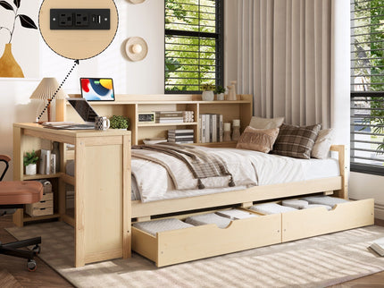 Corner Daybed With Storage Drawers, Desk, Charging Port & Bookcase