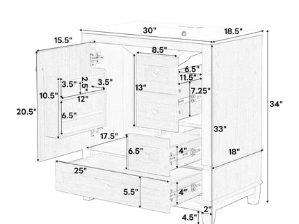 Freestanding Bathroom Vanity With Sink, Soft Close Doors & Drawers, Ample Storage - Wood