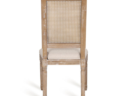 French Country Dining Chair With Rectangular Cane Backrest And Smooth Upholstered Seating