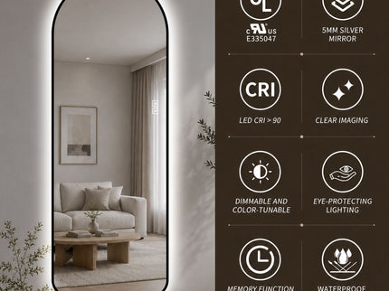 65" X 24" Arched LED Full Length Mirror With Frame, 3 Color Temperatures & Stepless Dimming - Black