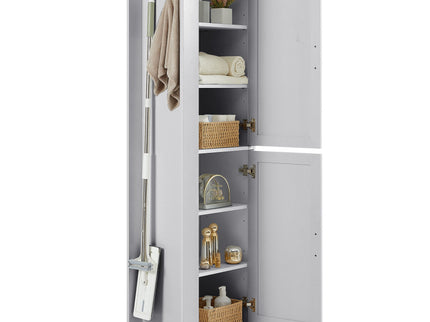 Tall Freestanding Bathroom Storage Cabinet With Adjustable Shelves And Side Hooks