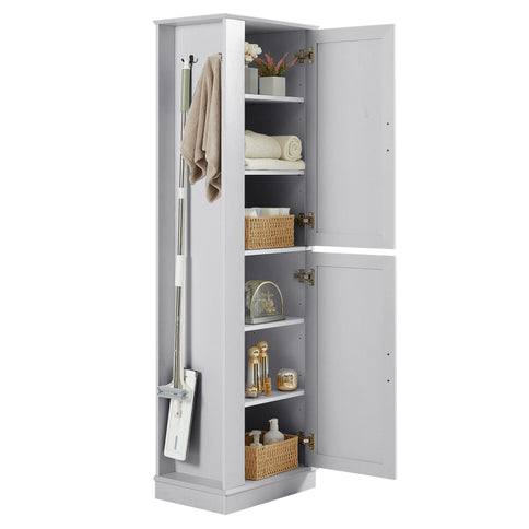 Tall Freestanding Bathroom Storage Cabinet With Adjustable Shelves And Side Hooks