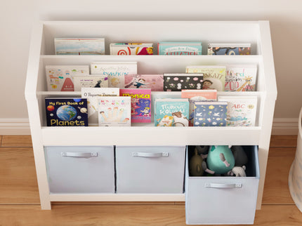 Bookshelf With 3 Tier Front Facing Storage And 3 Bins, Toddler Bookcase For Playroom - White
