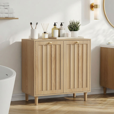 Sloping Laundry Basket With Removable Inner Bin, Concealed Storage Cabinet For Bathroom - Oak