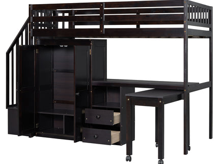 Loft Bed With Stairs, Bookshelf, Drawers, Desk & Wardrobe, Space Saving Multifunctional Furniture