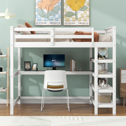 Loft Bed With Storage Shelves And Under Bed Desk
