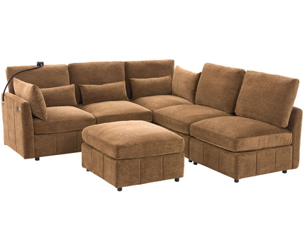 Modern Modular U-Shaped Sofa Bed With Movable Ottoman, USB Ports, Phone Holder