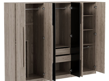 6 Doors Wardrobe Storage For Bedroom, With 2 Drawers Inside - Black / Nature