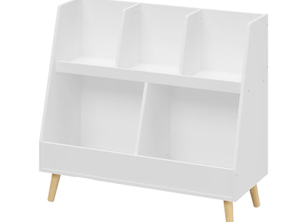 Kids Bookshelf And Toy Organizer, 5 Cubbies Wooden Open Bookcase, 2-Tier Baby Storage Display Organizer With Legs, Free Standing For Playing Room, Bedroom, Nursery, Classroom - White