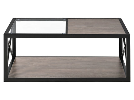 Industrial Style Coffee Table For Bedroom & Living Room With Tempered Glass & Wood Grain - Wood