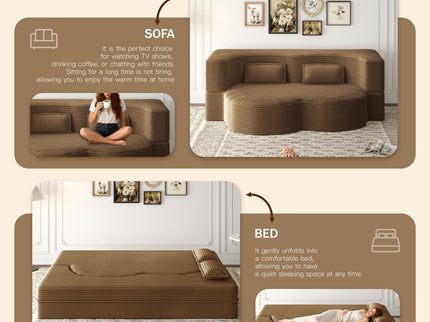 Modern Floor Sofa With 2 Pillows, Convertible Twin Size Folding Mattress For Living Room