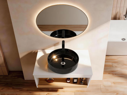 Floating Bathroom Vanity With Vessel Sink With Open Shelf Storage