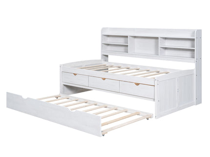 Captain Bed With Built In Bookshelves, 3 Storage Drawers, And Trundle