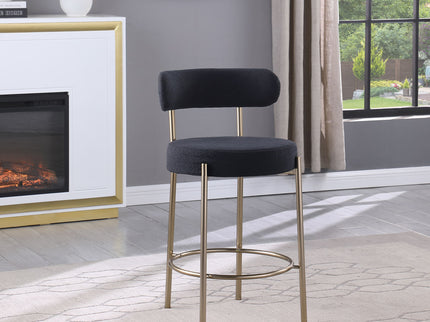 Modern Sherpa Counter Height Stools, Uphsoltered Seat Height Barstools With Brushed Brass Metal Legs Round Low Back Kitchen Stools With Footrest For Dining Room (Set of 2)