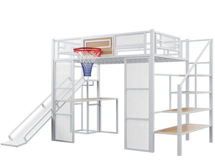 Loft Bed With Built In Desk, Open Wardrobe, Basketball Hoop, Slide And Staircase