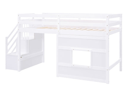 Loft Bed With Storage Staircase, Window & LED Light