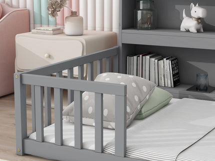 Floor Bed With Bedside Bookcase, Shelves, Guardrails
