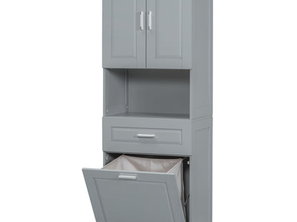 Tall Bathroom Cabinet With Tilt-Out Laundry Basket And Upper Storage
