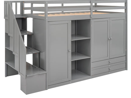 Loft Bed With 3 Shelves, 2 Wardrobes, 2 Drawers, Ladder Storage