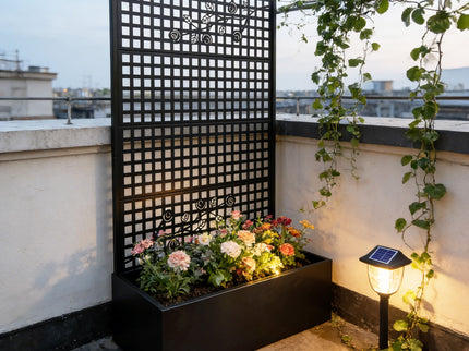 Planter Box With Trellis, Outdoor Raised Garden Bed With Privacy Screen Lattice Panels For Patio - Black