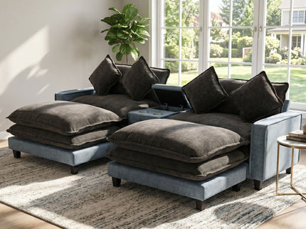 Sectional Sofa With Removable Ottomans, USB Ports, Cup Holders & Storage - Gray / Light Blue