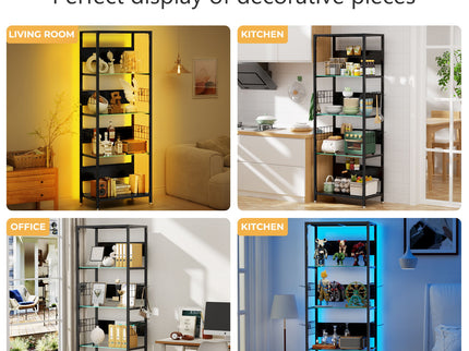 4 Tier Display Shelf With RGB Lights, LED Lighted Curio Cabinet With Adjustable Storage Box & Hooks - Black