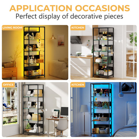 4 Tier Display Shelf With RGB Lights, LED Lighted Curio Cabinet With Adjustable Storage Box & Hooks - Black