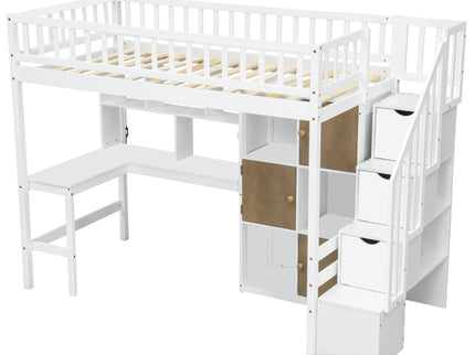 Loft Bed With Built In L Shaped Desk, LED Lights, Storage Shelves, Cabinets, And Staircase