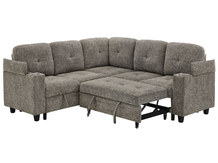 5 Seat Reversible L - Shaped Sleeper Sofa, Pull Out Convertible Sectional Couch With Storage, USB C - Charger, Cup Holders Modular Sofa Bed - Gray