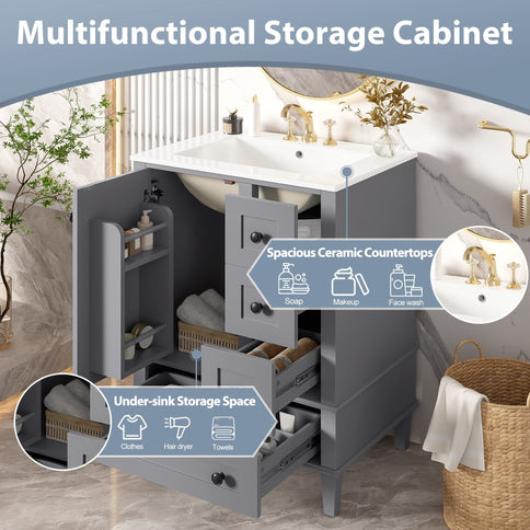 Bathroom Vanity With Integrated Basin, Soft Close Drawers, Door Mounted Double Layer Shelf