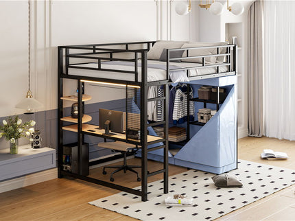 Loft Bed With Desk, Shelves, Power Outlet, LED Light And Wardrobe