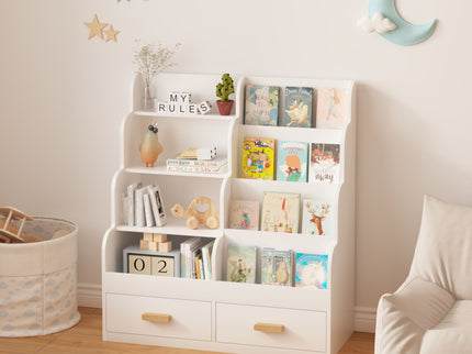 Bookshelf With 2 Storage Drawers, Front Facing Bookcase And Toy Organizer, Multi Tier Reading Shelf - White
