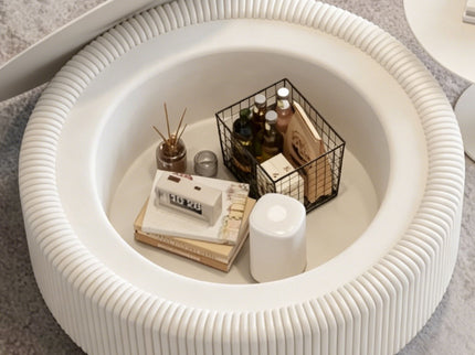 Round Fluted Coffee Table, Base & Hidden Storage - Snow White