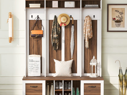 5 In 1 Entryway Bench With Coat Rack, 7 Sturdy Hooks, 2 Spacious Drawers And Adjustable Shelves