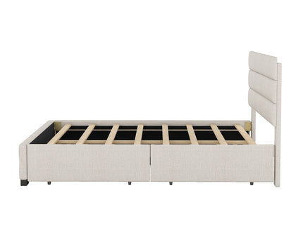 Queen Platform Bed With Twin Trundle And 2 Storage Drawers - Beige