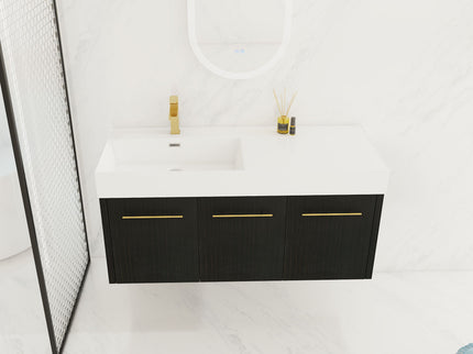 Contemporary 48" Wall Mounted Bathroom Vanity With Resin Sink And Soft Closing Doors And Line - Black Chestnut